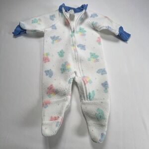 Vtg 90's First Moments Baby Fleece Footed Sleeper 0-6 Months Bear Blue White